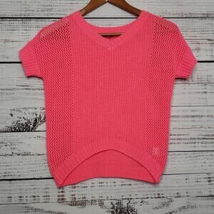 t/o Girls  Loose knit short sleeved sweater, bright pink sz 10/12.